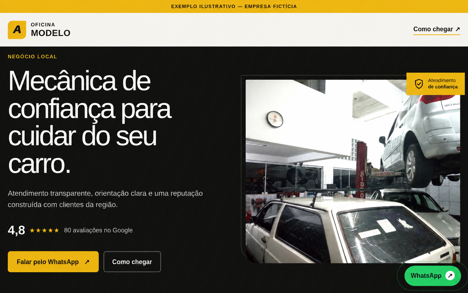Exemplo fictício de uma landing page profissional para um negócio local